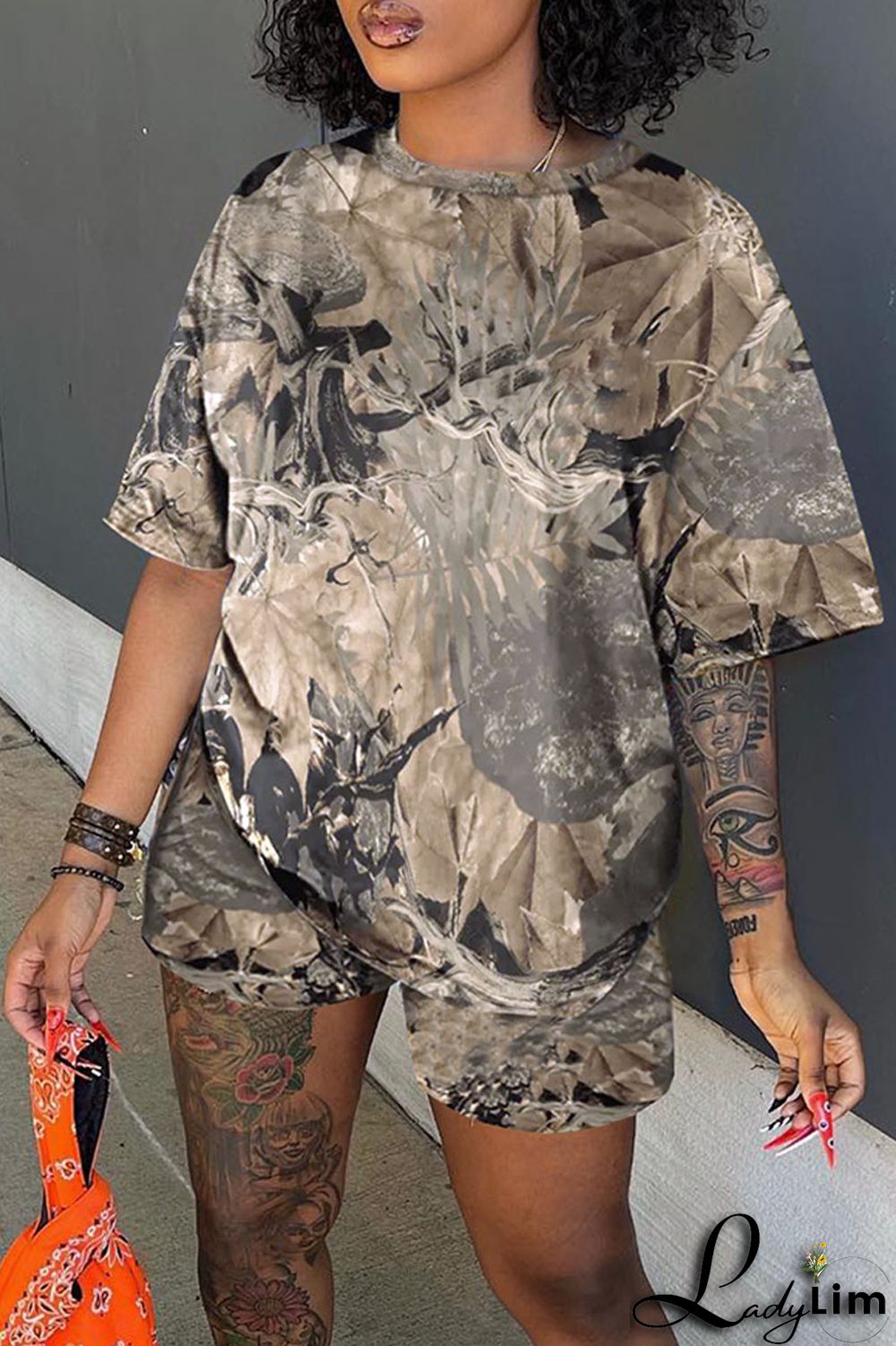 Army Green Casual Print Patchwork O Neck Short Sleeve Two Pieces