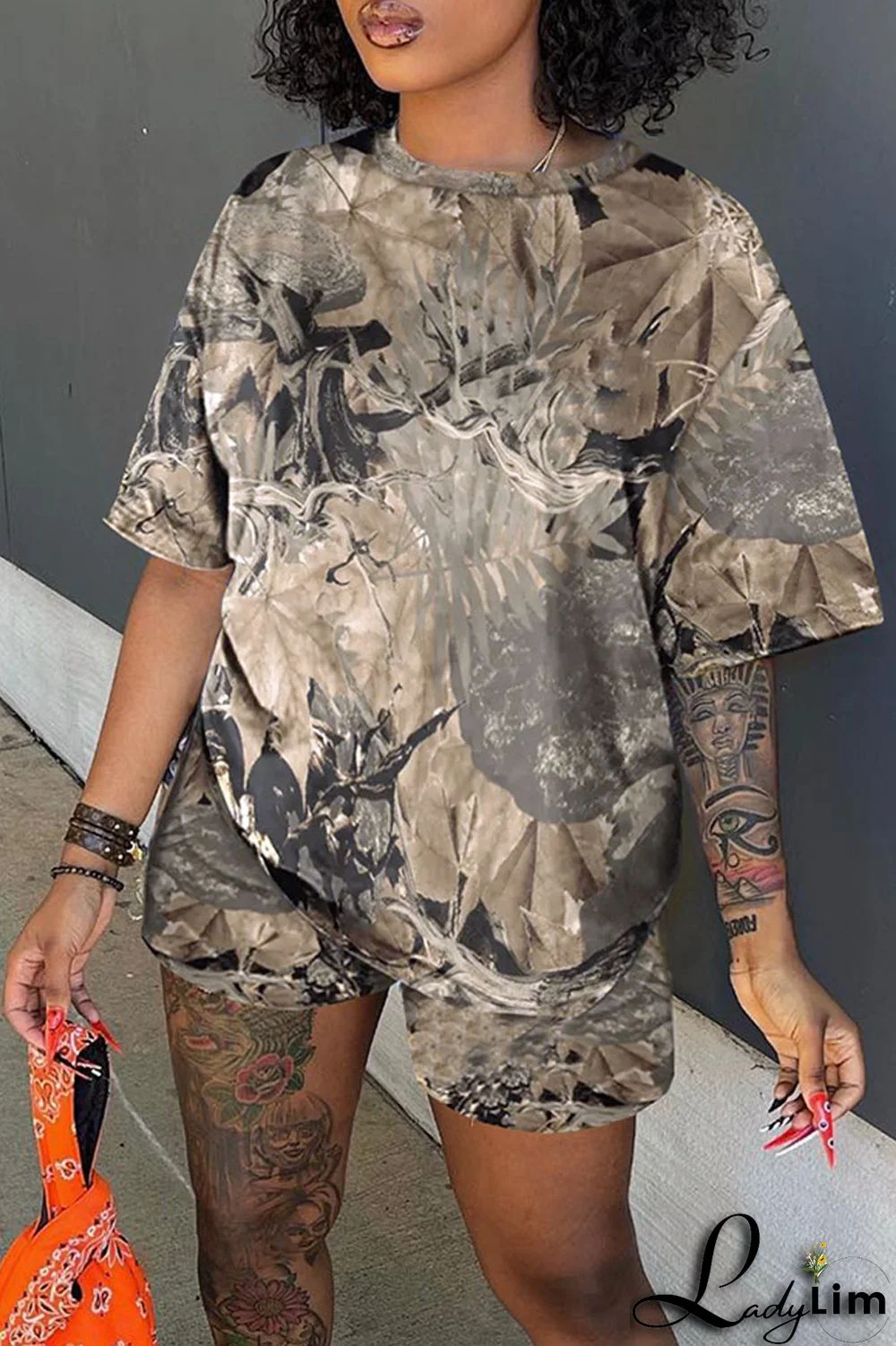 Army Green Casual Print Patchwork O Neck Short Sleeve Two Pieces