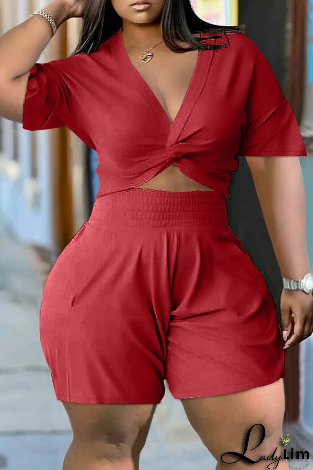 Grey Fashion Casual Solid Basic V Neck Short Sleeve Two Pieces