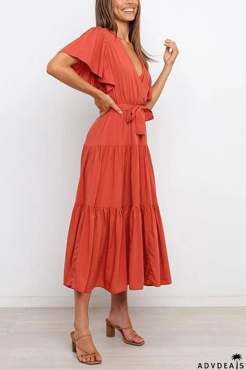 Solid Ruffles Belted Maxi Dress