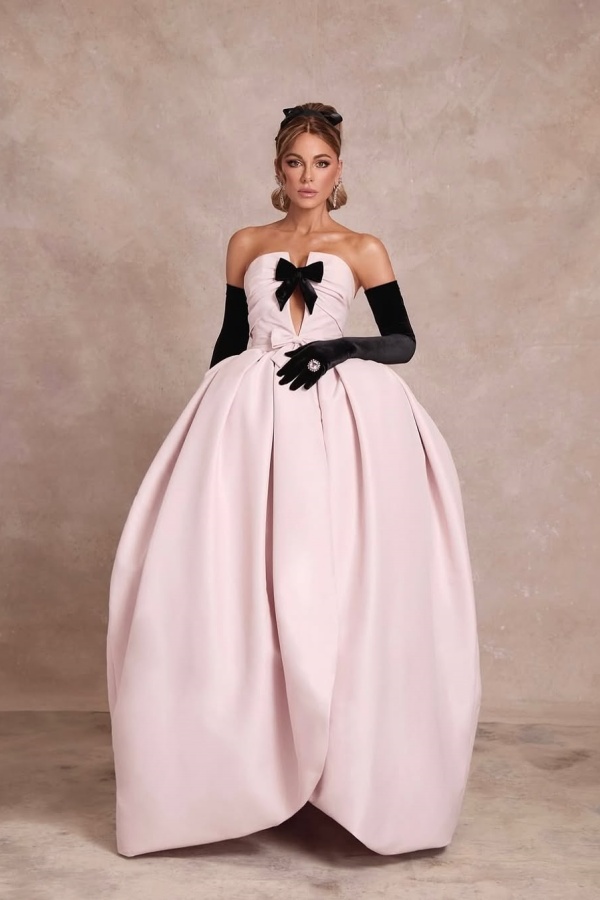 Strapless Pink Bud Shape Prom Dress With Black Long Sleeves