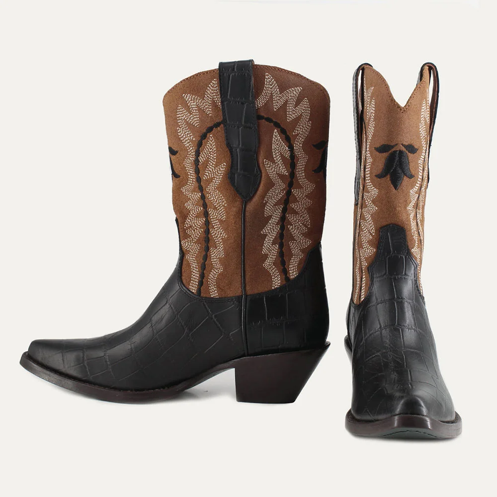 Black & Brown Croc Embossed Snip Toe Embroidered Cowgirl Boots