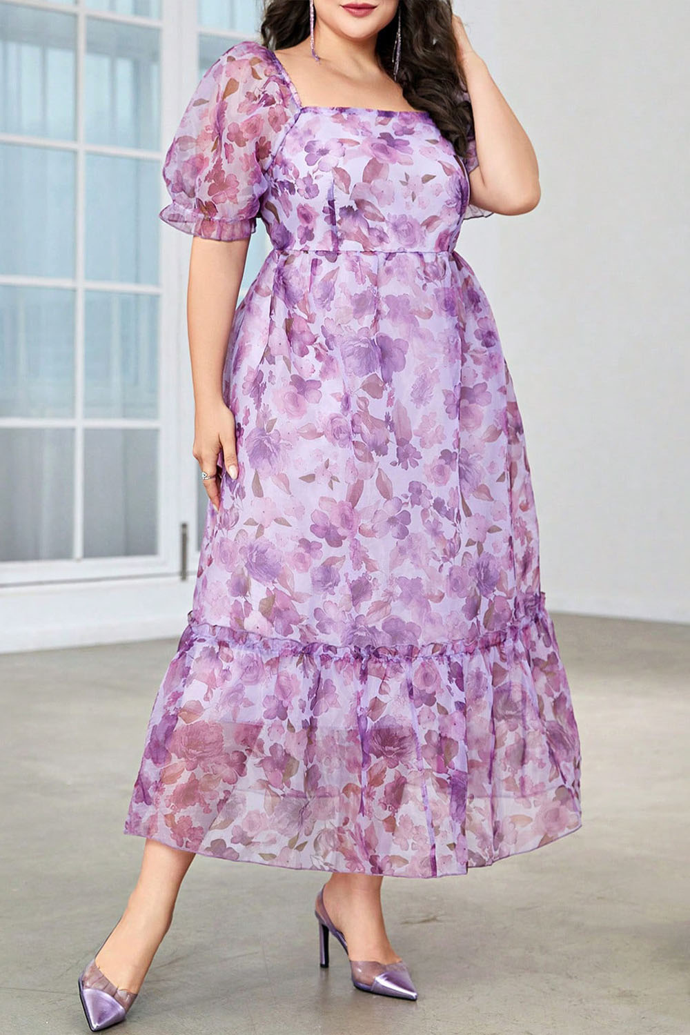 Plus Size Vacation Purple Floral Print Square Neck Lantern Sleeve Tiered Maxi Dress 2024 - Flycurvy 