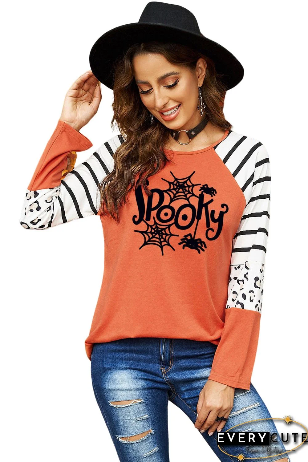 Orange Spooky Spider Web Striped Leopard Color Block Top