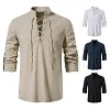 Men's Casual Stand Collar Drawstring Design Cotton Linen Henley Long Sleeve T-Shirt