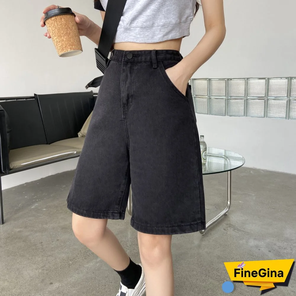 New Summer Women High Waist Wide Leg Black Denim Shorts Casual Female Loose Straight Button Jeans Bermuda Shorts