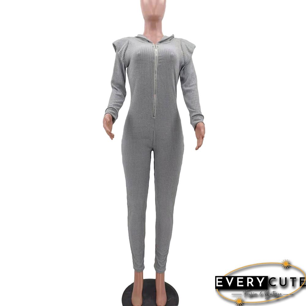 Knitted Long Sleeve Shoulder Padded Hooded Jumpsuit