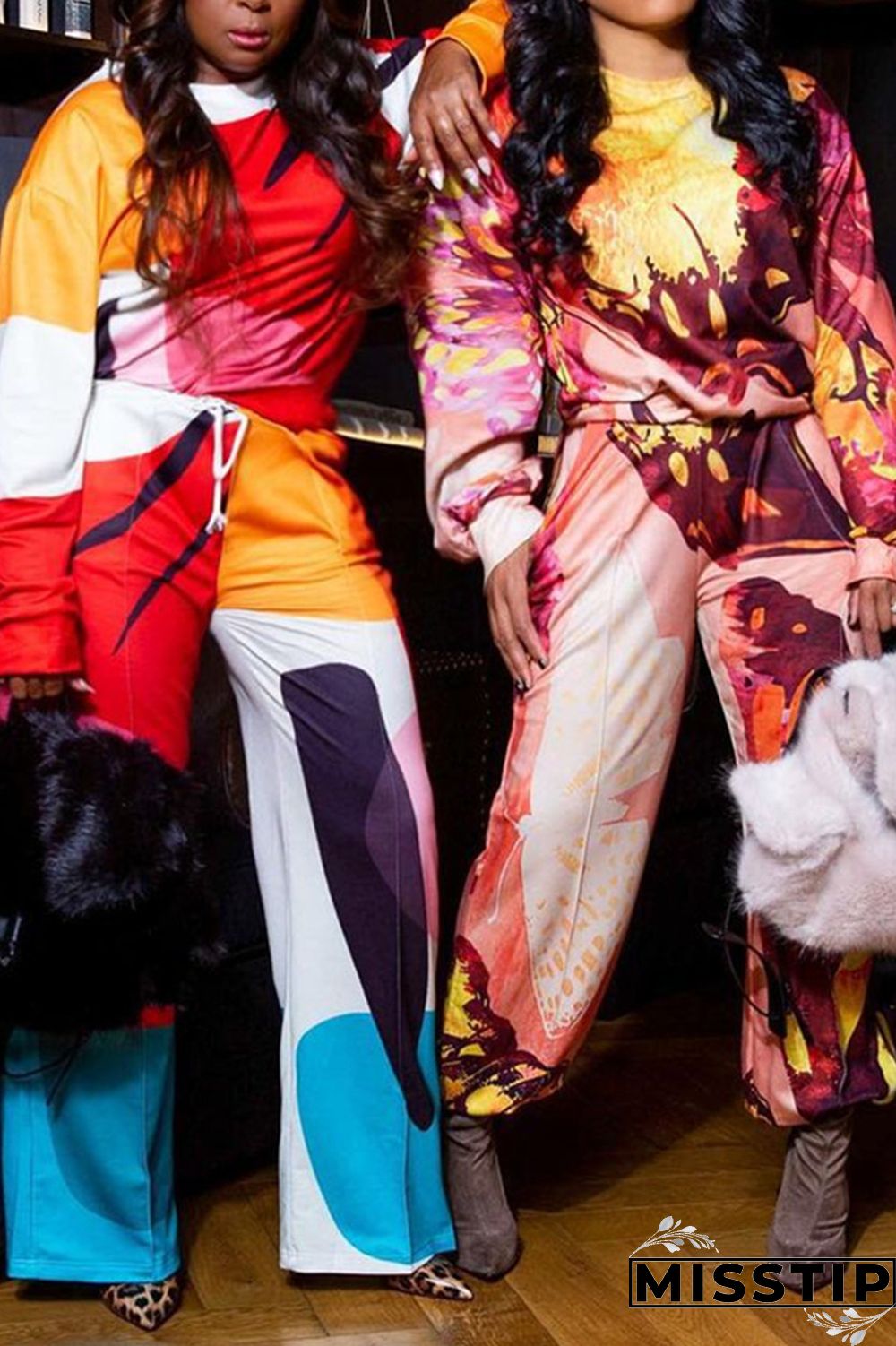 Orange Fashion Casual Print Basic O Neck Long Sleeve Two Pieces