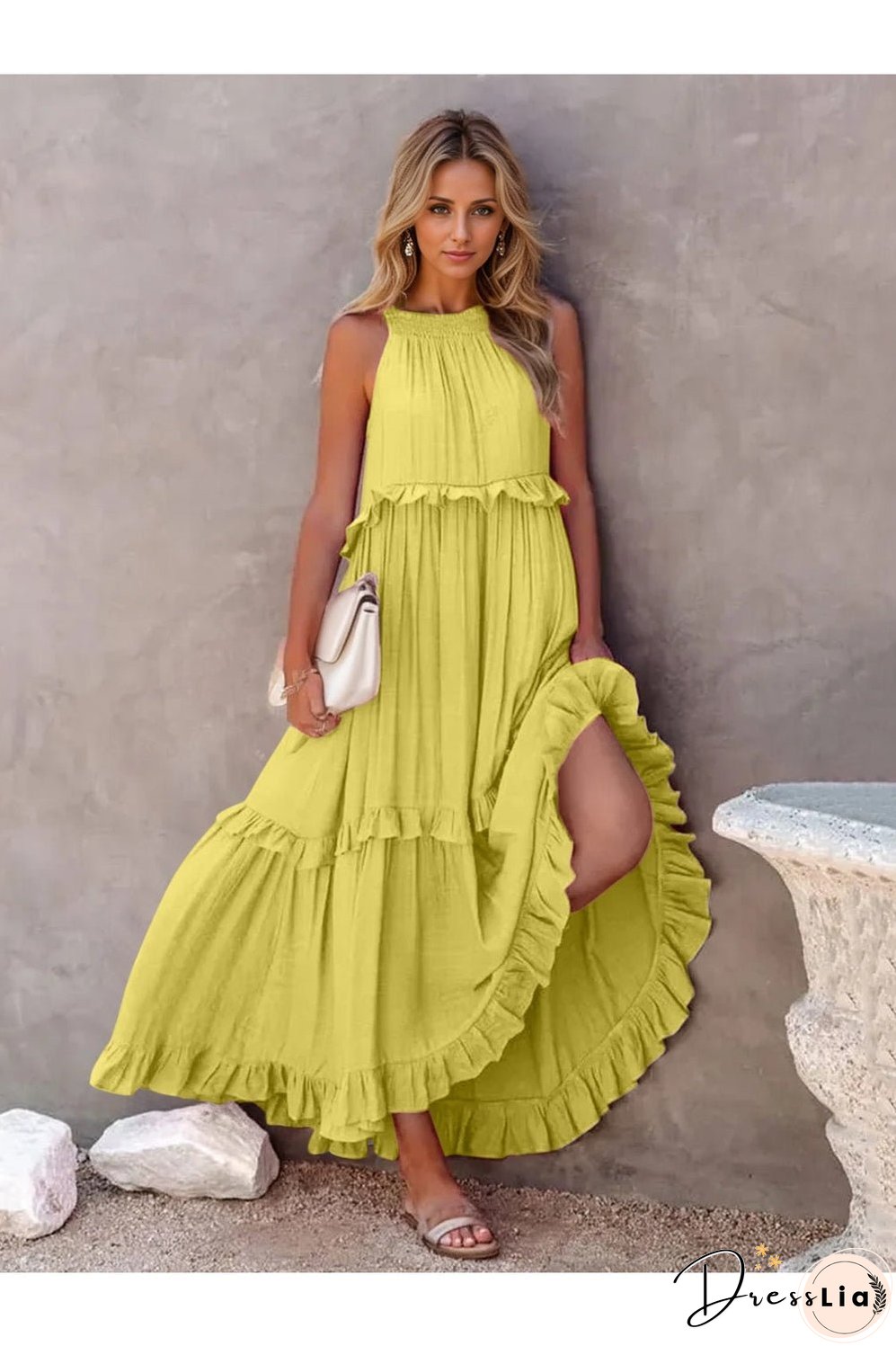 Ruffled Sleeveless Tiered Maxi Dress with Pockets