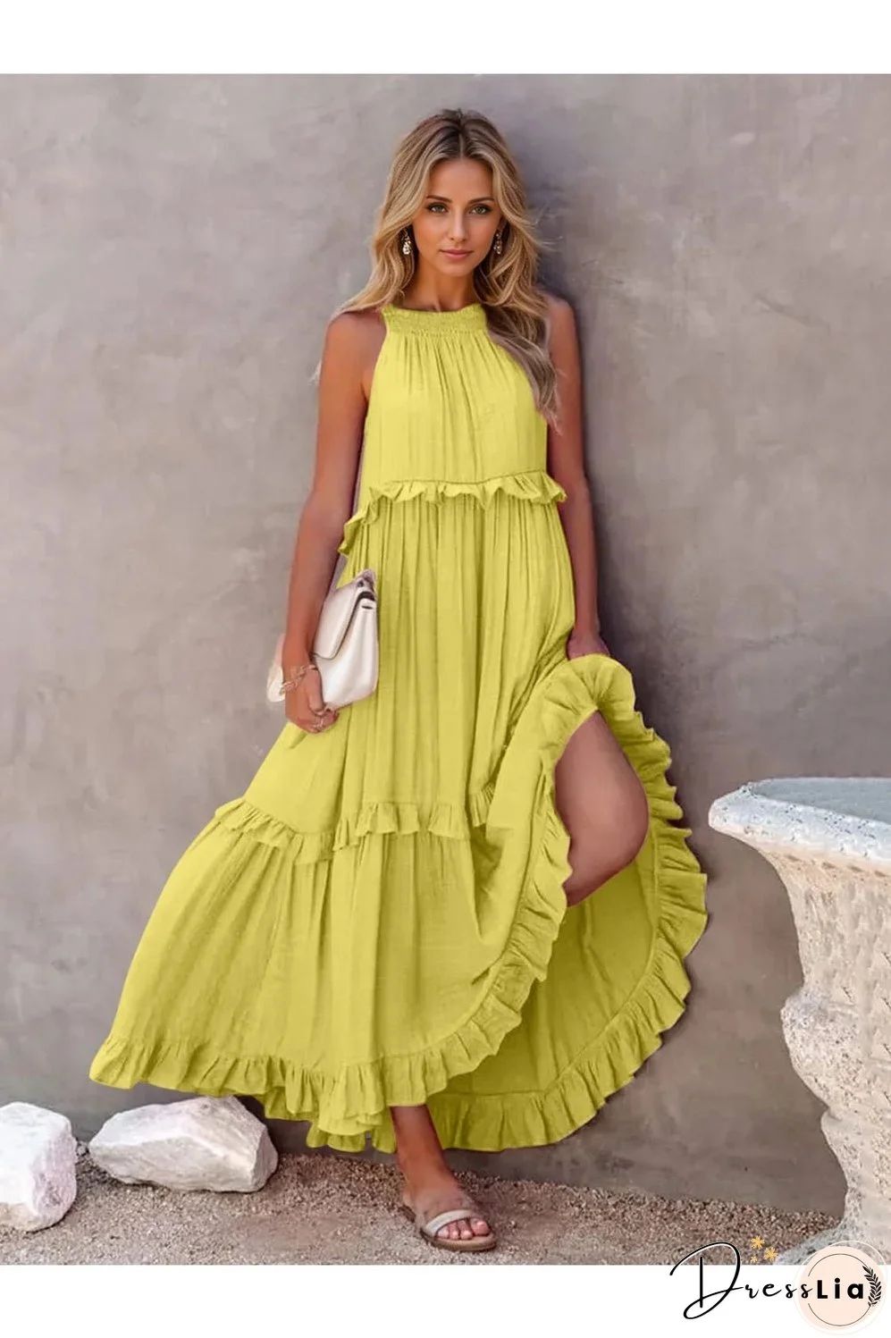 Ruffled Sleeveless Tiered Maxi Dress with Pockets