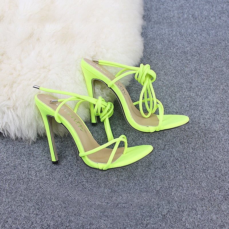 2021 European Summer Sandals Candy Color Point Toe Lace Ankle Strap Party High Heels Pumps 11.5cm High Thin Heel Sandals Lady