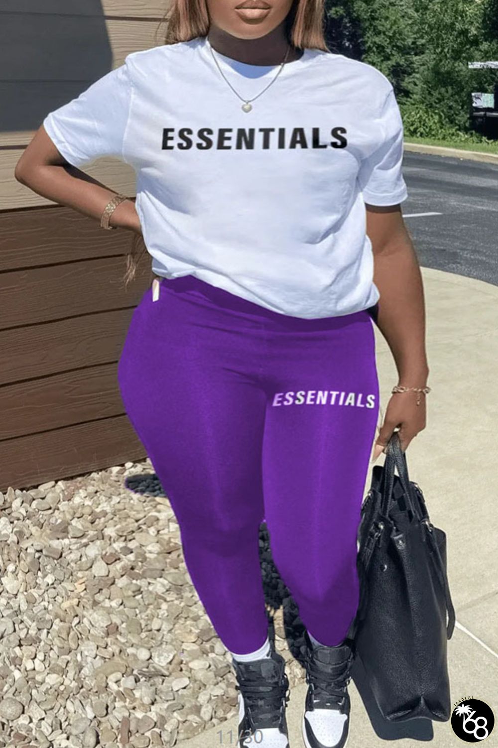 Purple Casual Print Letter O Neck Plus Size Two Pieces | 168DEAL