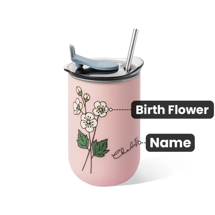 Personalized Watercolor Birth Flower Name 12oz Insulated Coffee Tumbler with Straw and Lid Housewarming Birthday Party Favor Gift for Women