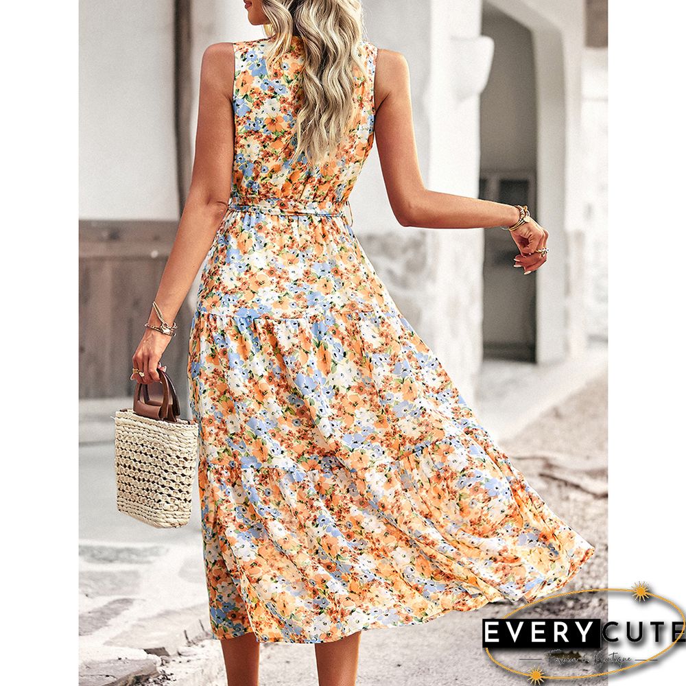 Yellow V Neck Sleeveless Ruffle Floral Dresses