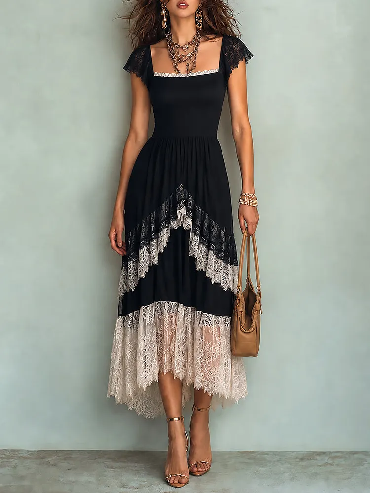 Vintage-style Color-block Short-sleeve Maxi Dress With Lace Trim