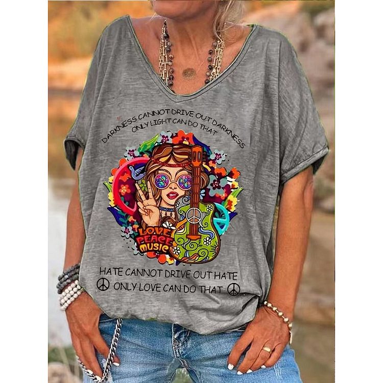 Women's  Love Peace Music Hippie Print Casual T-shirt socialshop