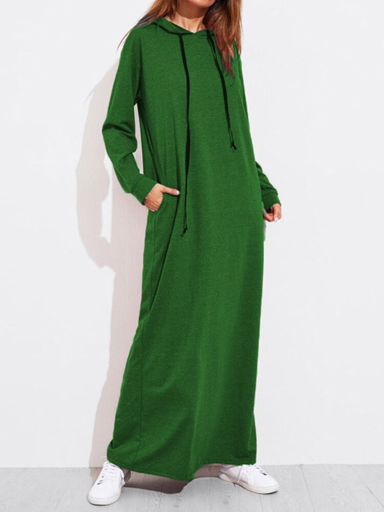 Solid Color Long Sleeves Casual Hooded Maxi Dress - BlackFridayBuys