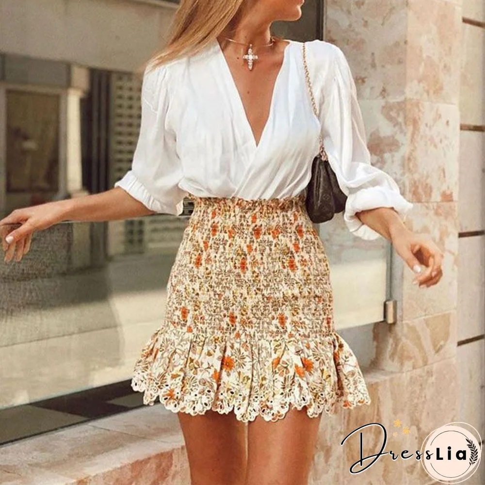 Retro Paisley Mixed Floral Smocked Ruffle Hem Mini Skirt In Multi Floral