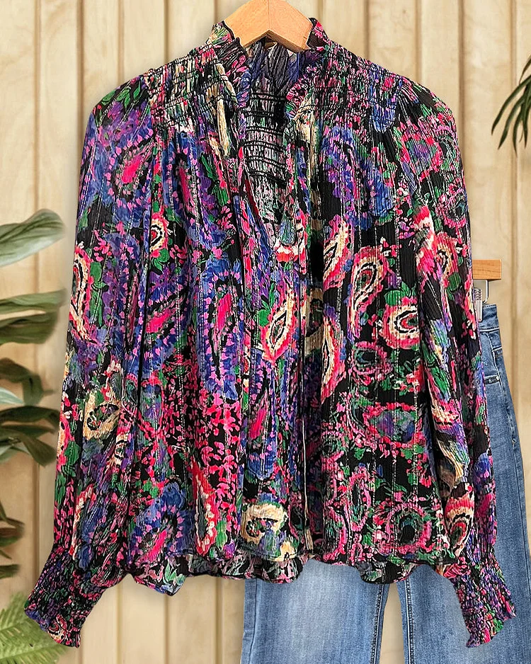 Paisley Print Bohemia V Neck Blouse