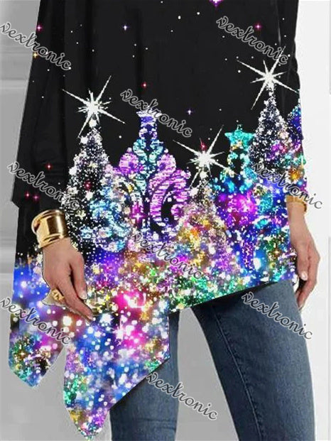 Women Long Sleeve Turtle Neck Graphic Printed Asymmetrical Tops