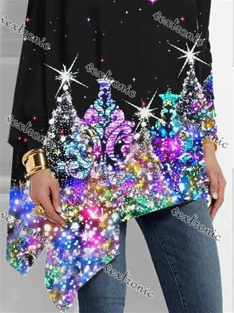 Women Long Sleeve Turtle Neck Graphic Printed Asymmetrical Tops