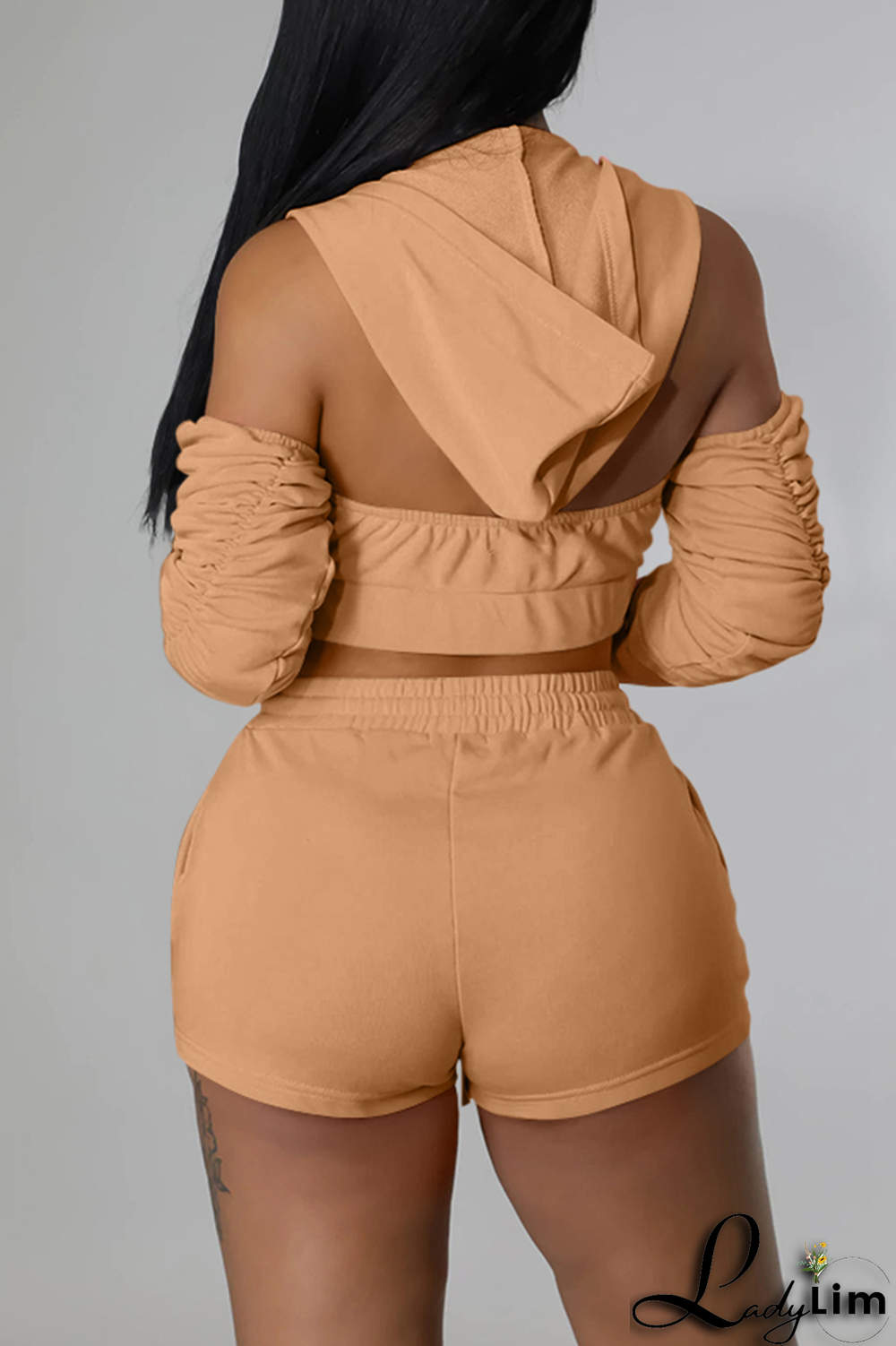 Black Sexy Print Patchwork Hooded Collar Three Quarter Two Pieces