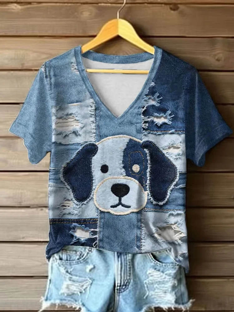 Utbros Women's Cute Dog Patchwork Art Faux Denim V-neck T-shirt Top