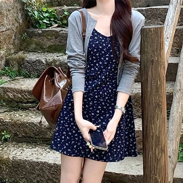 Strap Floral Crop A-Line Spaghetti Dress / Melange Cardigan Mini