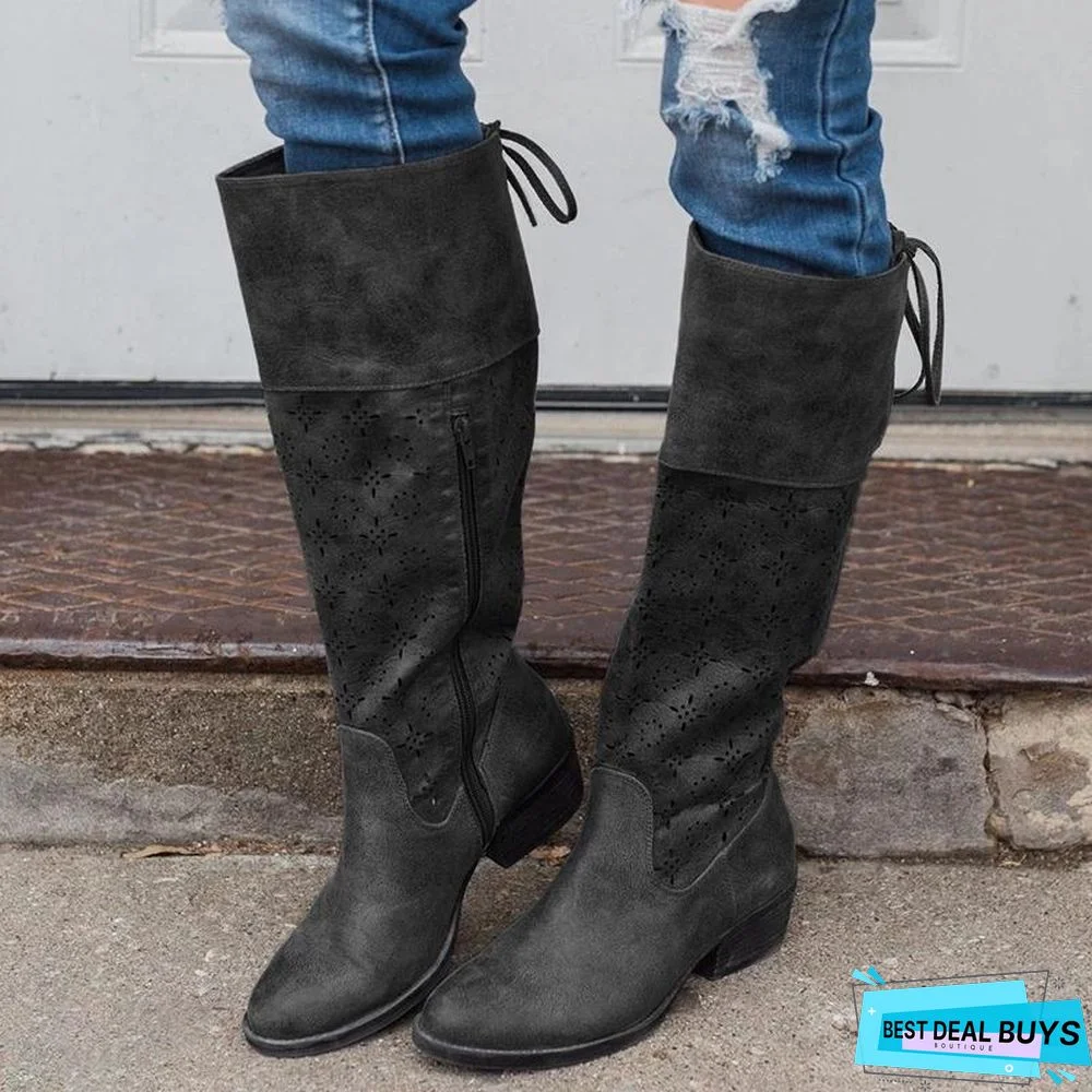 PLUS SIZE VINTAGE LEATHER ZIPPER KNEE BOOTS