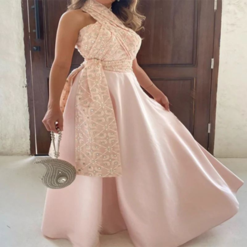 Fashionable long halter neck off-shoulder dress