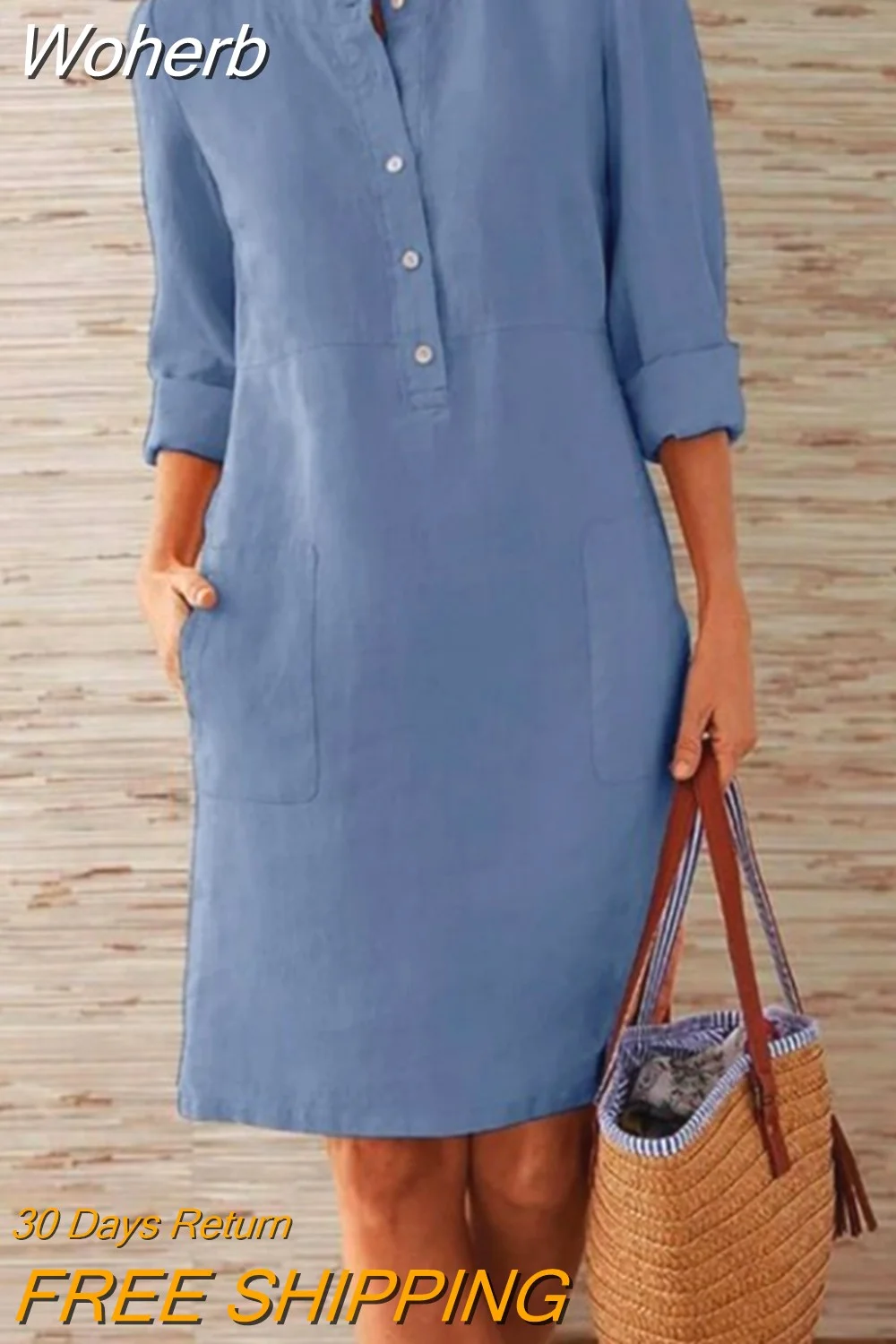 Woherb Dress Spring Solid Color Casual Round Neck Long-sleeved Dress Cheap Casual Women's Dresses Loose Elegant Ladies Clothes 715-1-Outfit Ideas