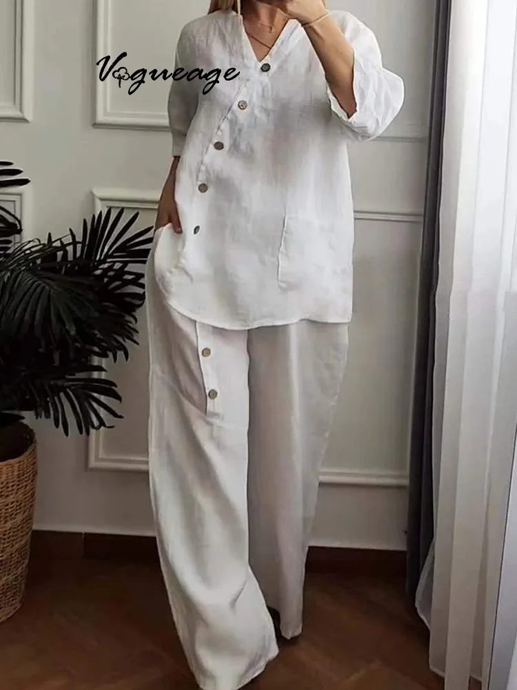 Solid Color Three-Quarter Sleeve Top Wide-Leg Pants Women's Cotton And Linen Two-Piece Suit