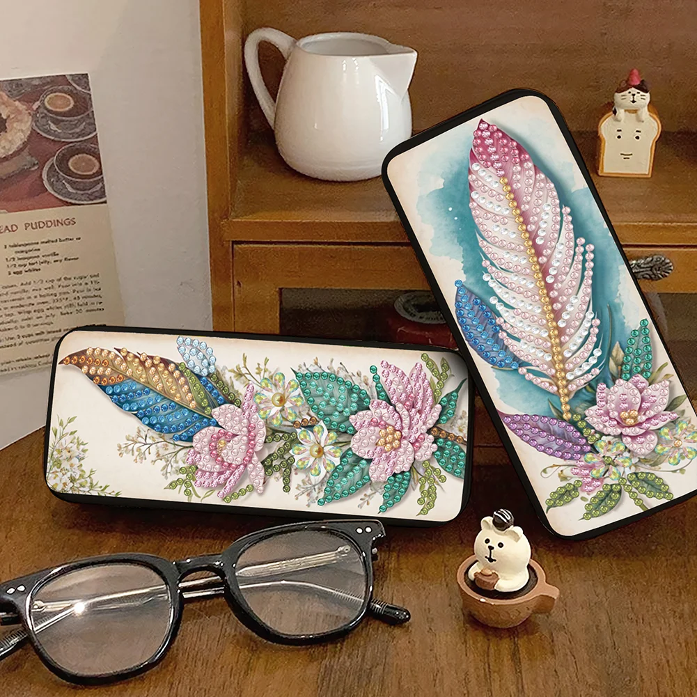 2Pcs 5D DIY Feather Diamond Painting Glasses Case Kit Diamond Art Glasses Case