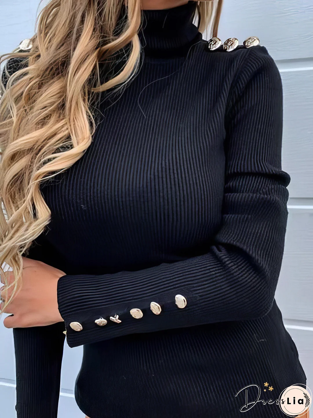 Solid Turtleneck Button Long Sleeve Sweater