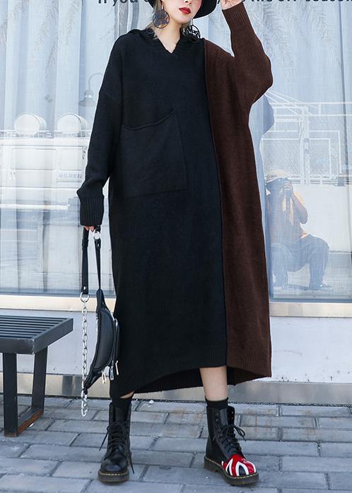VCSHOES chocolate Sweater dress outfit Vintage hooded patchwork knit dresses