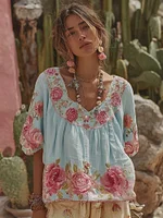 Women's Vintage Floral Art Embroidery Linen T-shirt - Image 5