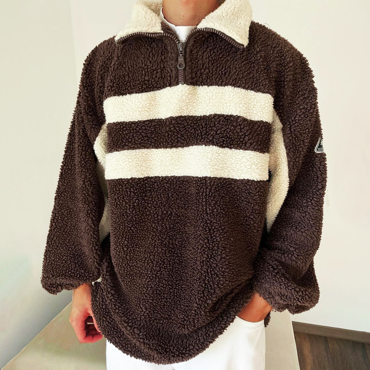 Unisex Vintage Stripe Splicing 1/4 Zip Warm Fleece Sweatshirt / [blueesa] /