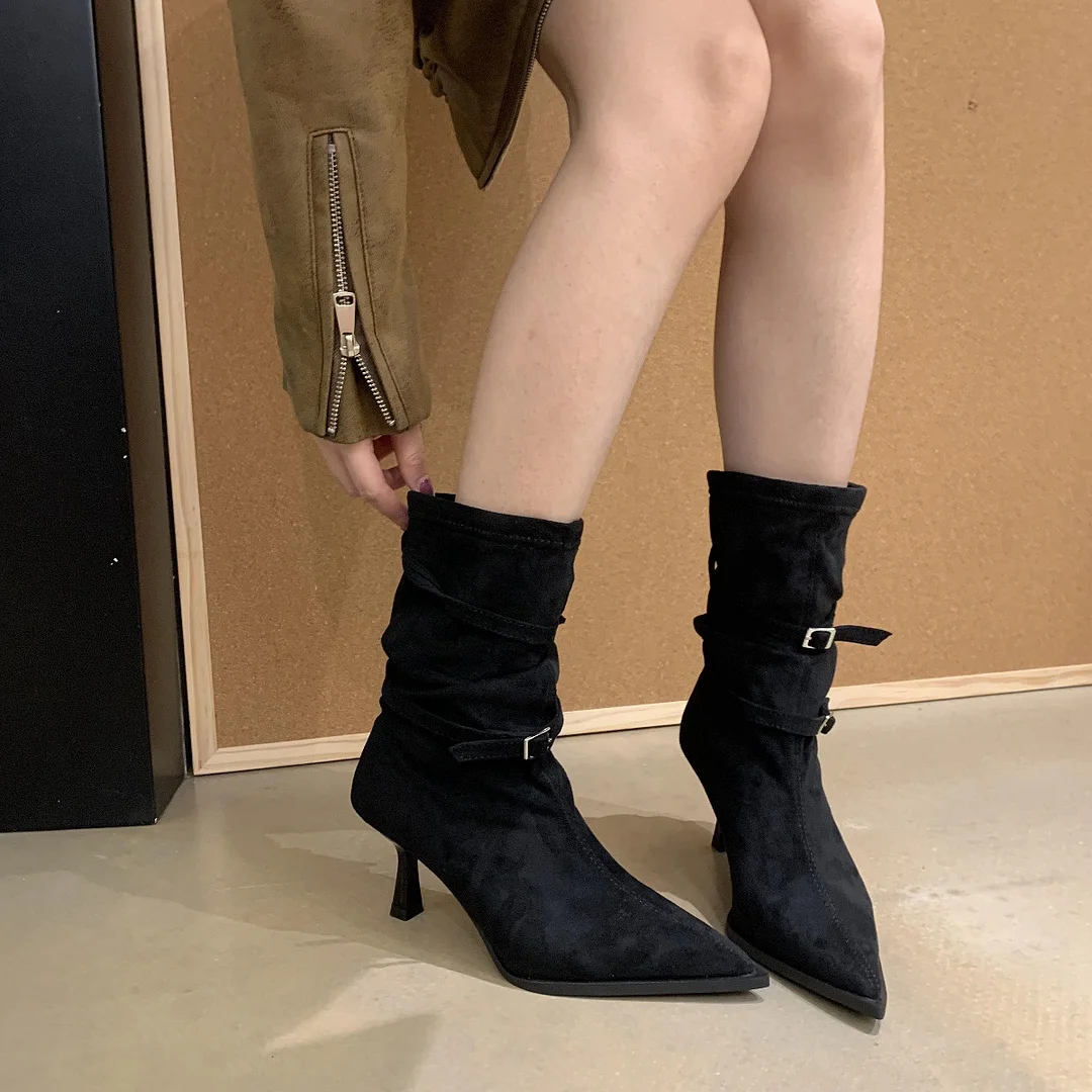 Breakj Breakj Tips High Heels Folding Pile Boots Children 2025 New Belt Buckle Thin Short Boots