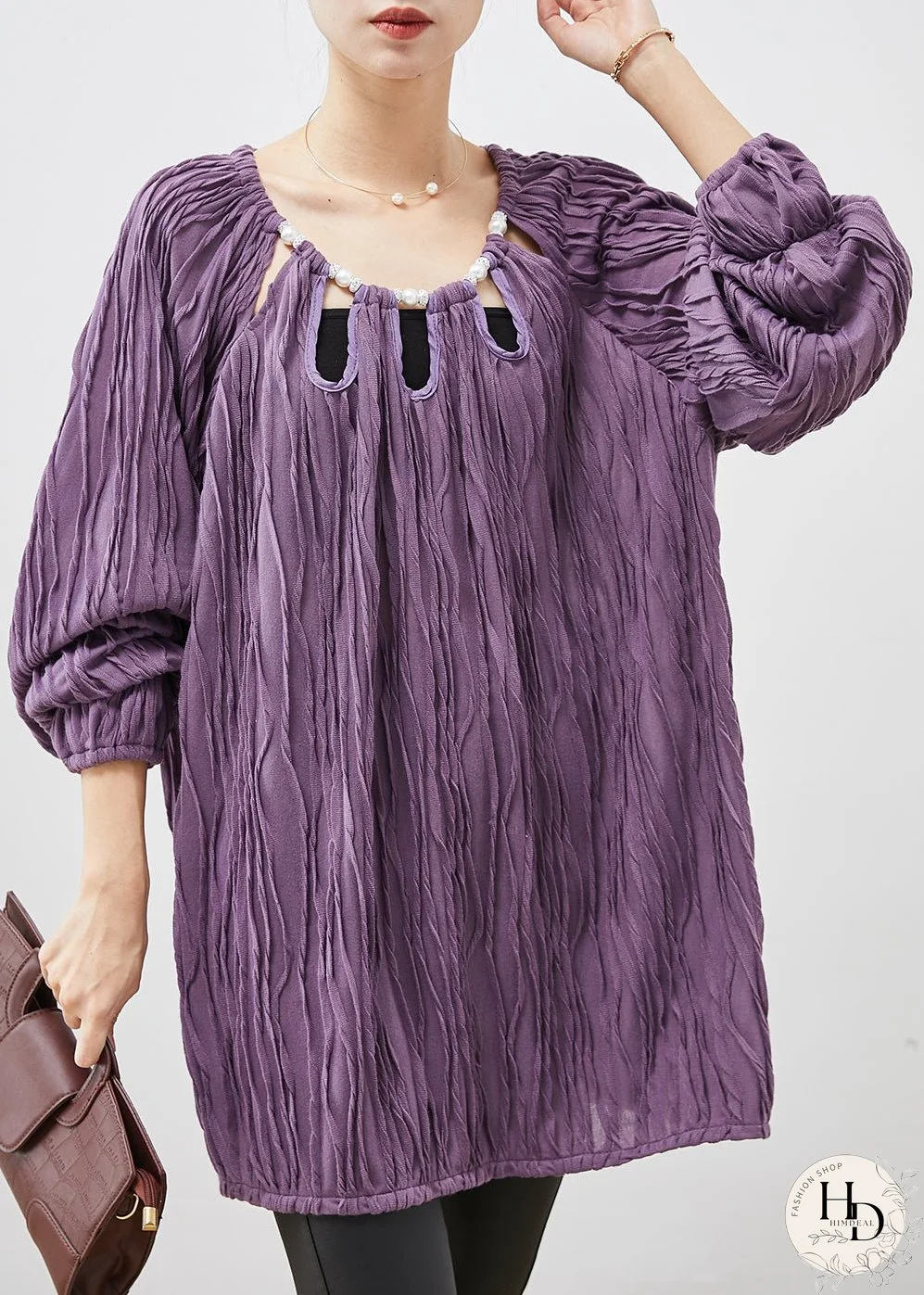 Simple Purple Nail Bead Hollow Out Cotton Shirt Spring