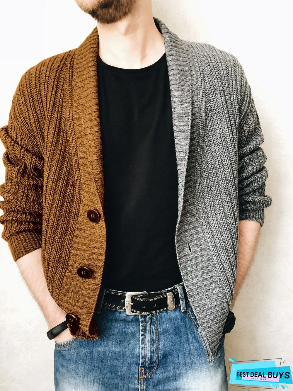 Single Breasted Two Color Men's Sweater Coat