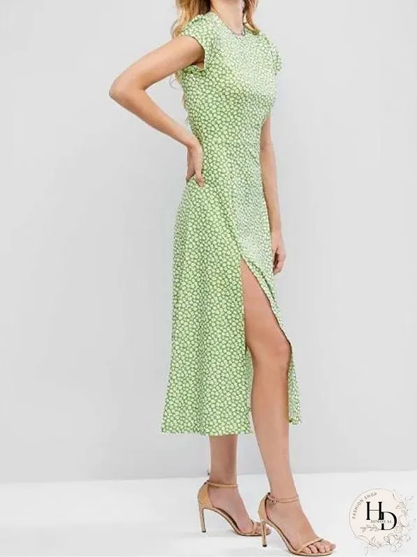 Cut Out Back Ditsy Floral Slit Midi Dress for Women