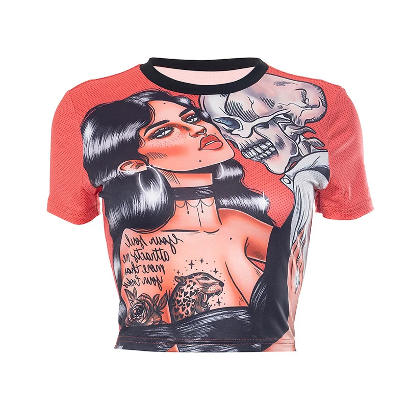 Uveng Women's Clothing 2024 Summer New Personalized Knitted Prints Fashion Open-Envested Round T-Shirt