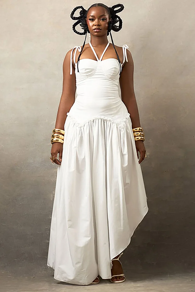 Tie Up Shoulder Straps Cinch Waist Irregular Hem Plain Maxi Dresses-White