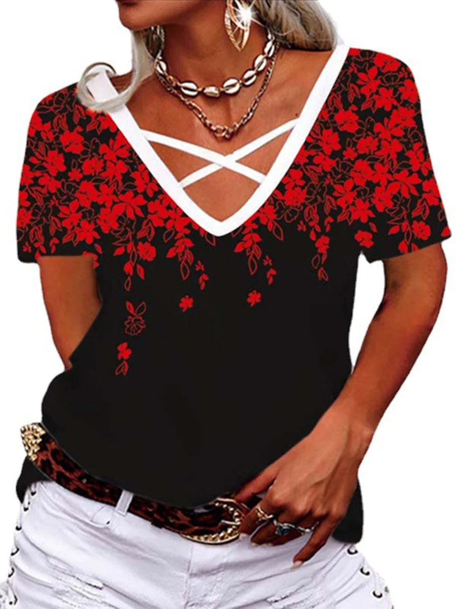 Women Short Sleeve V-neck Casual Geometric Floral Printed Top