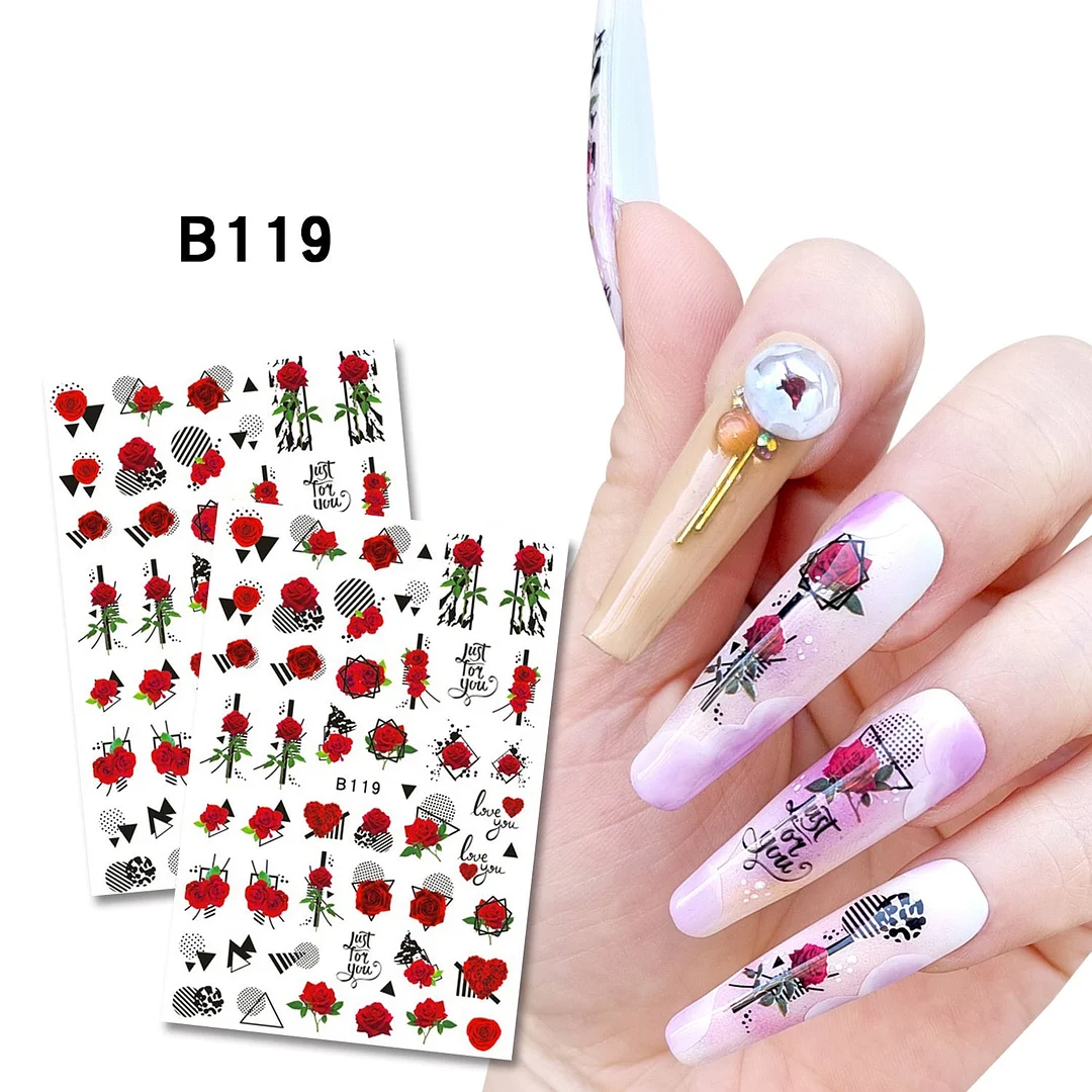 Purple Red Pink Rose Flower 3D Nail Sticker Leaves Love Heart Self-Adhesive Slider Art Decorations Decals Manicure Accessories-Nail Inspo