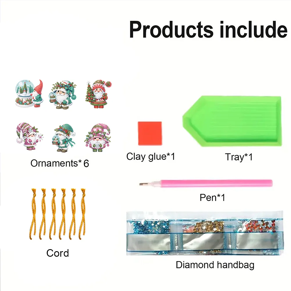 6pcs Xmas Gnome 2D Flat DIY Diamond Painting Art Pendant Wall Door Decoration