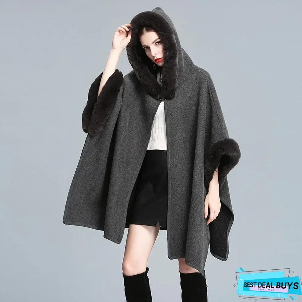 Autumn and Winter Fur Collar Hooded Shawl Cloak Large Size Woolen Coat Loose Cardigan Women