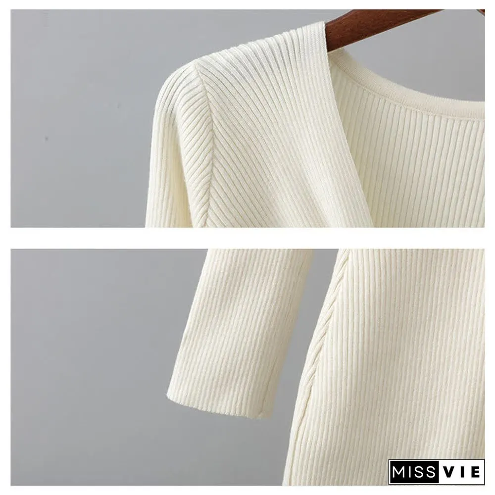 Pure Color V-neck Slim Knit Sweater Dress