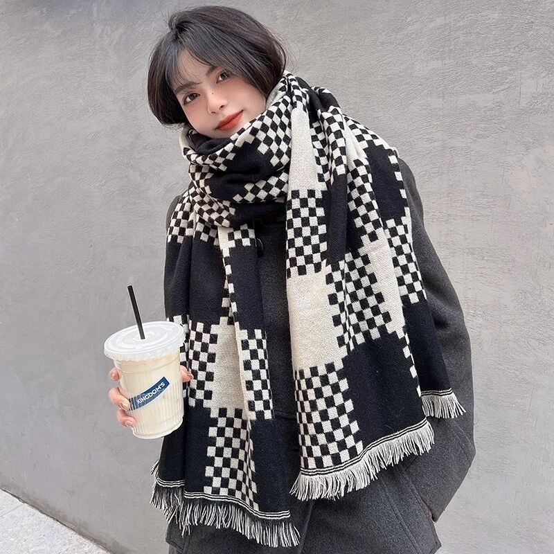 Online Celebrity British Plaid Cashmere Scarf Women's Autumn And Winter Versatile Student Thickened Scarf Shawl Dual-use Couple Men