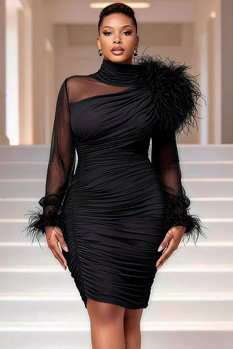 Xpluswear Design Plus Size Cocktail Party Elegant Black Stand-Up Collar Long Sleeve Feather Contrast Mini Dresses [Pre-Order] 2024 - Xpluswear
